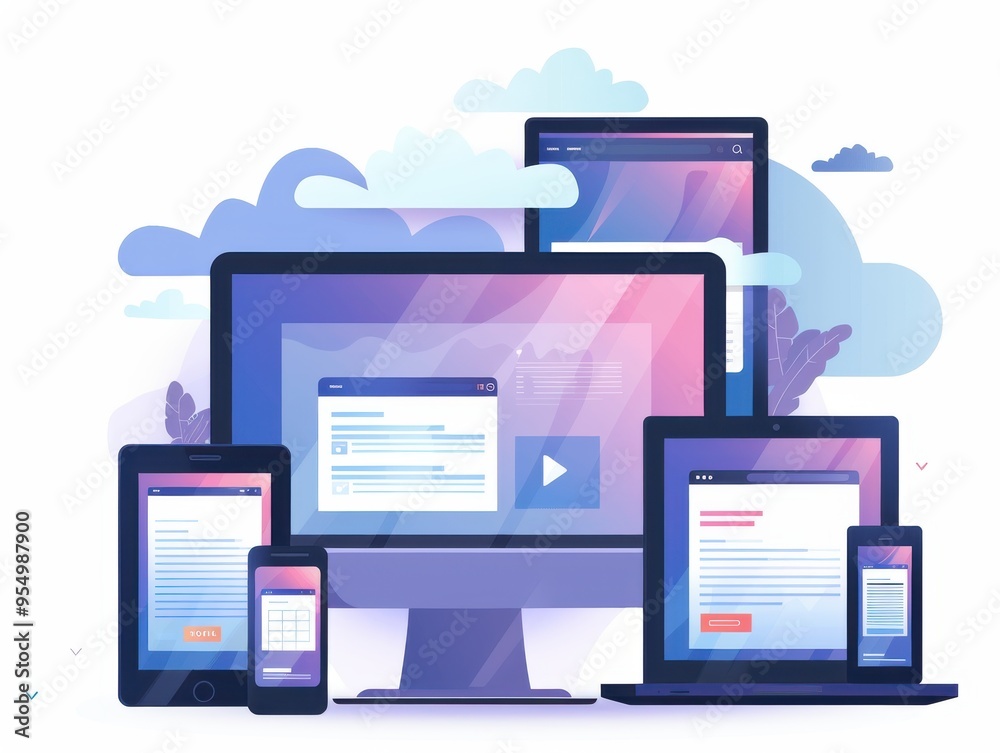 A desktop computer, laptop, tablet, and smartphone are connected to the cloud. The devices are all displaying the same webpage. A desktop computer, laptop, tablet, and smartphone are connected to the cloud. The devices are all displaying the same webpage.