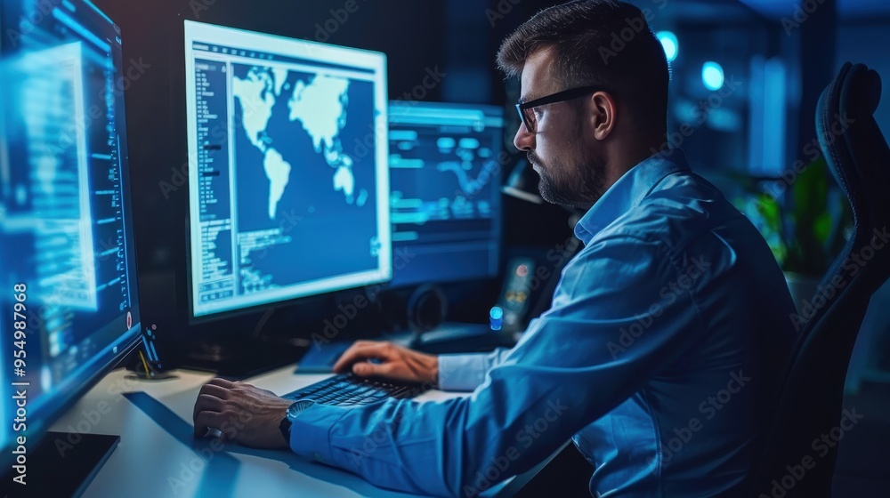 A man in glasses works at a computer with a map on the screen. He looks focused and determined, suggesting work or cybersecurity. A man in glasses works at a computer with a map on the screen. He looks focused and determined, suggesting work or cybersecurity.