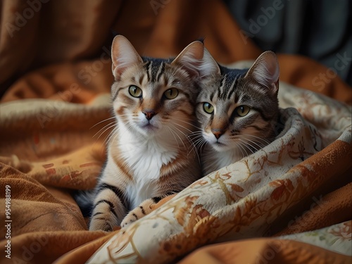 Two Kittens Snuggling in Blankets, Adorable and Cozy Indoor Scene