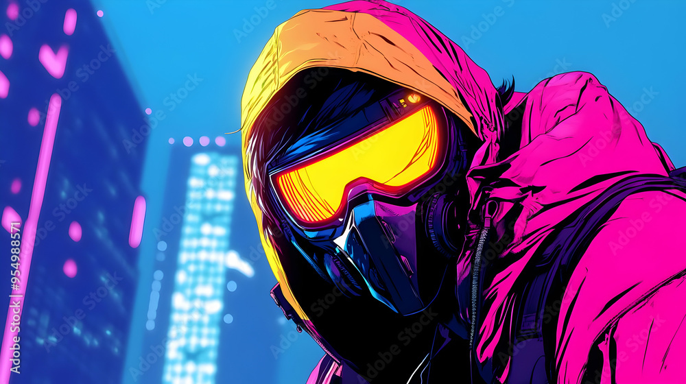 Cyberpunk Character with Goggles and a Gas Mask in a Neon City Landscape with Futuristic Buildings at Night Cyberpunk Character with Goggles and a Gas Mask in a Neon City Landscape with Futuristic Buildings at Night
