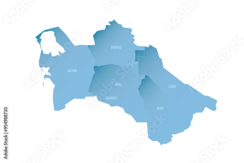 Turkmenistan political map of administrative divisions - regions and capital city district of Ashgabat. Shaded vector map with 3D-like blue gradient and name labels