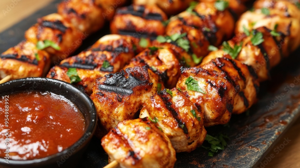 A mouthwatering platter of grilled chicken skewers, charred to perfection and served with a side of tangy barbecue sauce for dipping. A mouthwatering platter of grilled chicken skewers, charred to perfection and served with a side of tangy barbecue sauce for dipping.