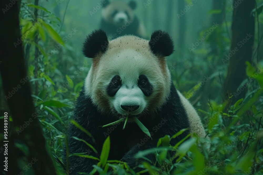 Obraz premium A Close-Up of a Panda Eating Bamboo in a Lush Forest