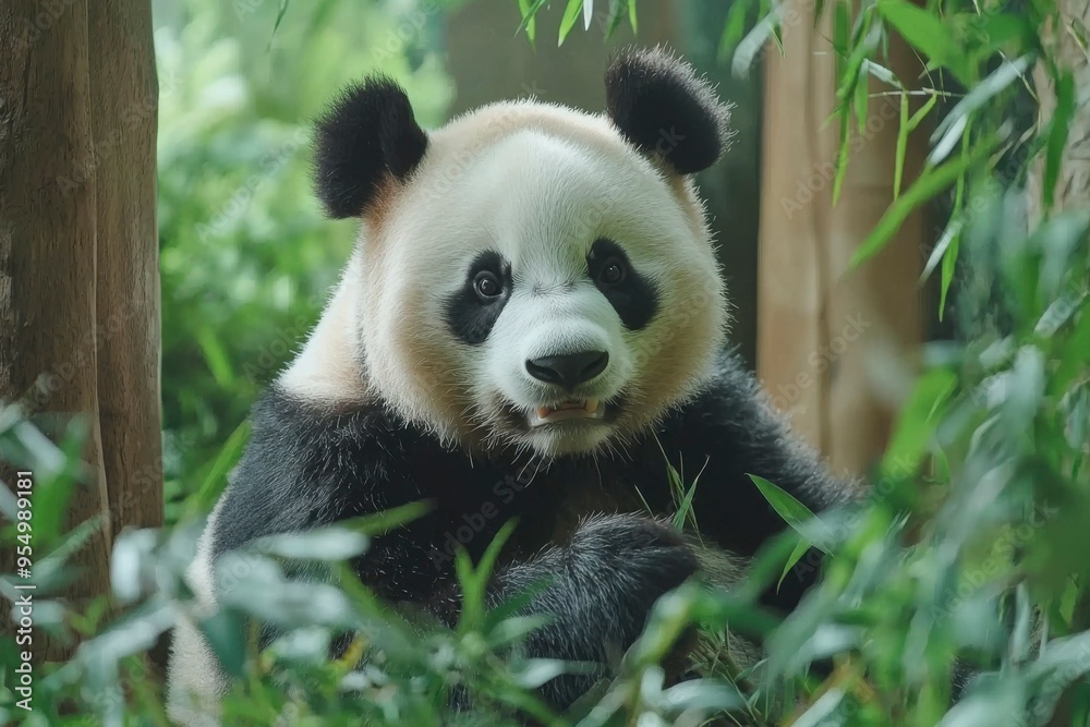 A Giant Panda Sitting in a Lush Green Forest A Giant Panda Sitting in a Lush Green Forest