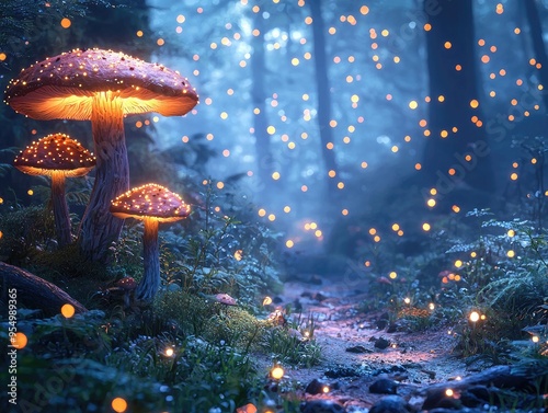 A magical forest with sparkling fireflies and whimsical mushrooms evokes wonder