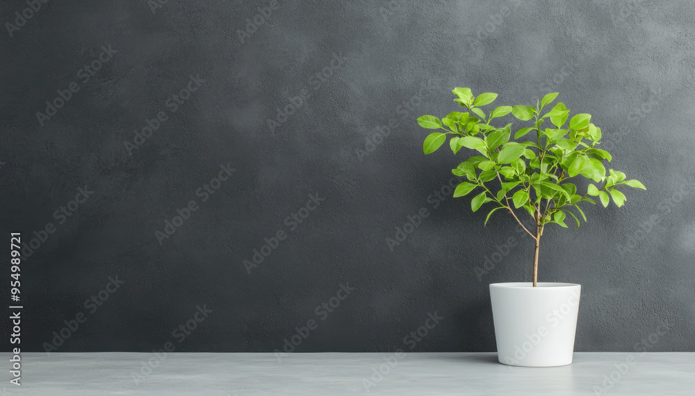 A modern green plant in a white pot against a textured black wall, perfect for home decor and interior design inspiration. A modern green plant in a white pot against a textured black wall, perfect for home decor and interior design inspiration.
