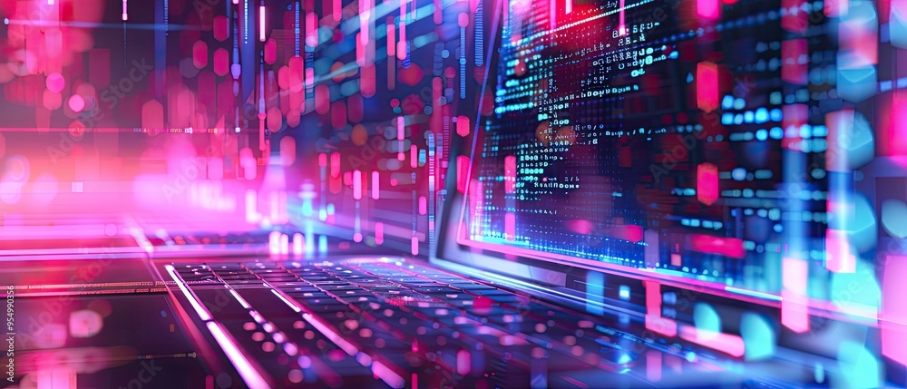 Neon Lights Reflecting on a Laptop Keyboard Neon Lights Reflecting on a Laptop Keyboard