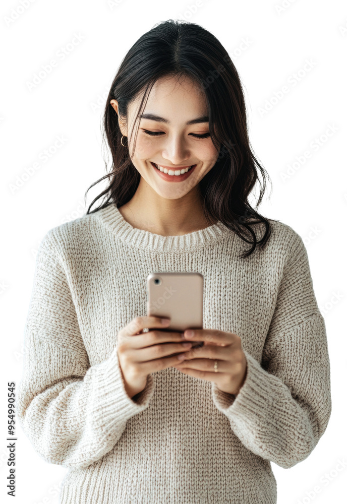 Woman smiling while using smartphone at home isolated on transparent background Woman smiling while using smartphone at home isolated on transparent background