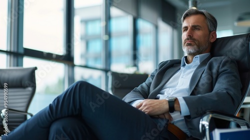 A man in a suit is sitting in a chair in a room with a window