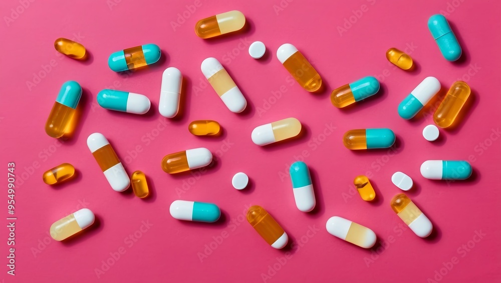 Vitamins in capsules mix of pills on color flat background top-view Vitamins in capsules mix of pills on color flat background top-view
