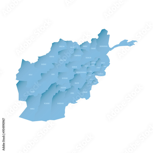 Afghanistan political map of administrative divisions - provinces. Shaded vector map with 3D-like blue gradient and name labels