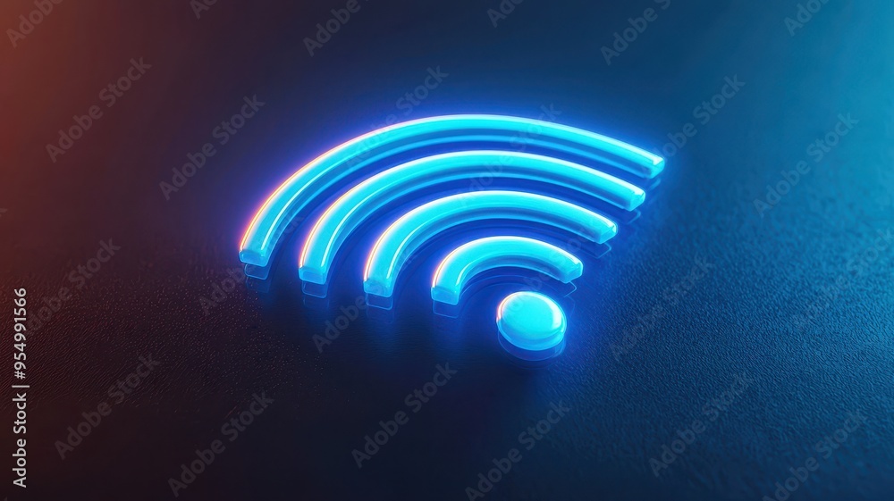 Futuristic glowing Wi-Fi symbol in blue neon on a dark background representing wireless connectivity and technology. Futuristic glowing Wi-Fi symbol in blue neon on a dark background representing wireless connectivity and technology.