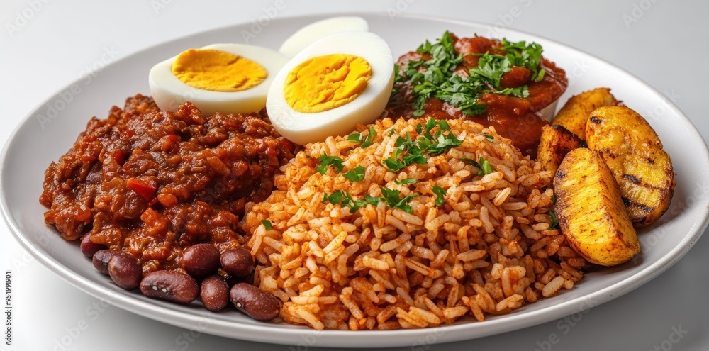 A Plate of Rice, Beans, Plantains, and Eggs with a Spicy Sauce A Plate of Rice, Beans, Plantains, and Eggs with a Spicy Sauce