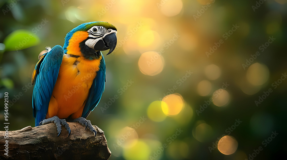 A Vibrant Blue and Yellow Parrot Perched on a Branch with a Bokeh Background of Sunlight Through Leaves A Vibrant Blue and Yellow Parrot Perched on a Branch with a Bokeh Background of Sunlight Through Leaves