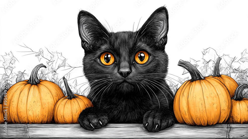Black cat and pumpkins. Coloring book. Black cat and pumpkins. Coloring book.