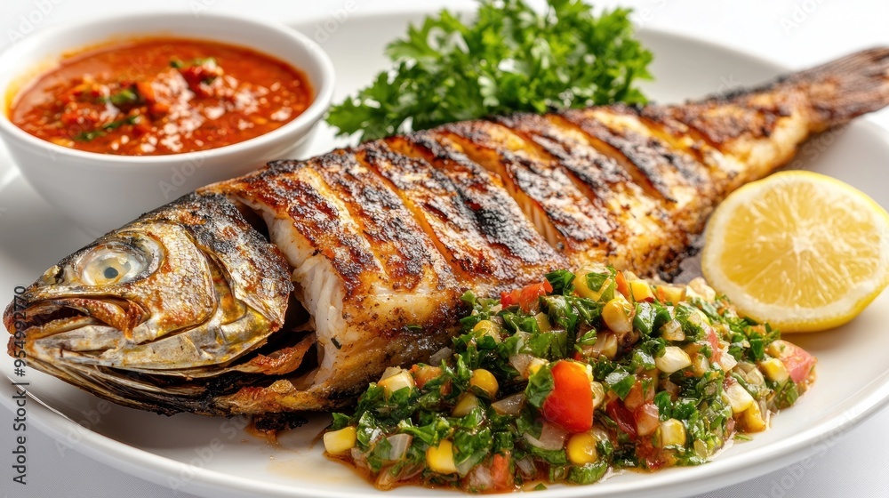 Grilled Fish with Corn Salad and Lemon Wedge Grilled Fish with Corn Salad and Lemon Wedge