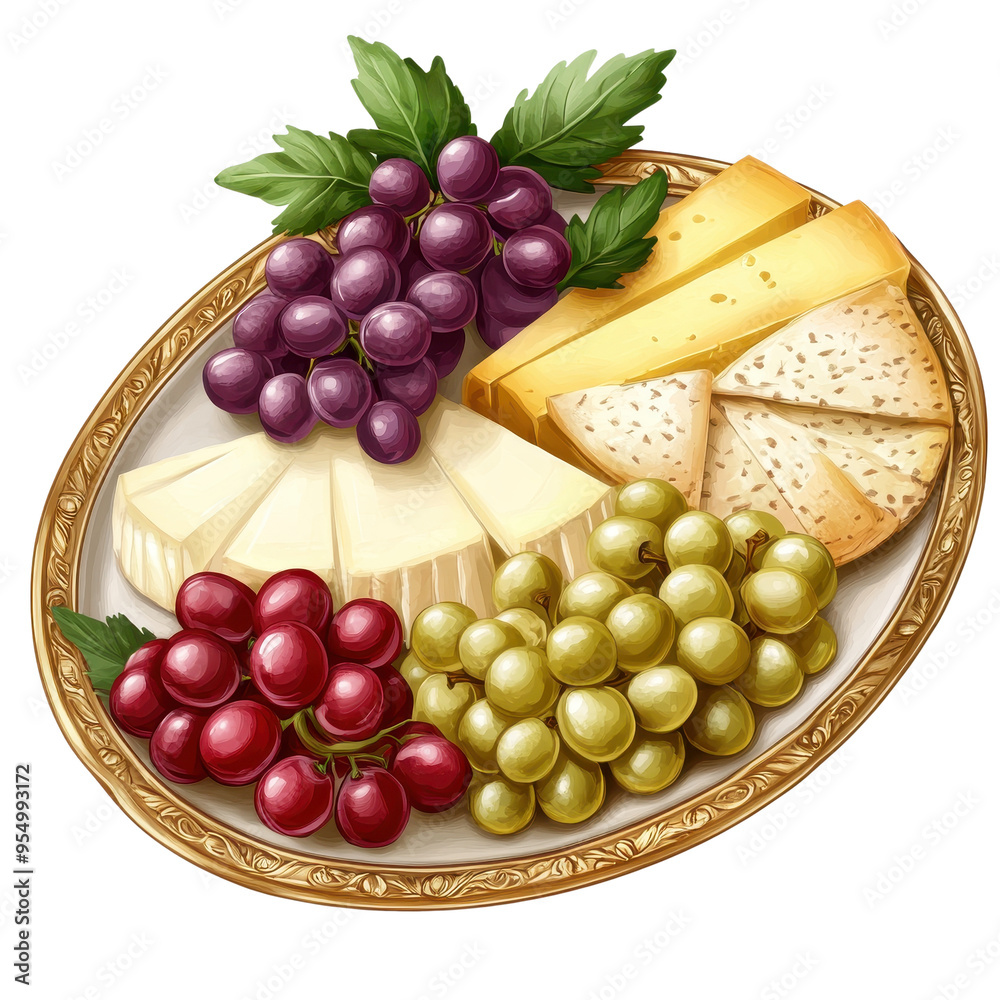 A vibrant cheese and grape platter featuring an assortment of cheeses and colorful grapes on an elegant plate. A vibrant cheese and grape platter featuring an assortment of cheeses and colorful grapes on an elegant plate.