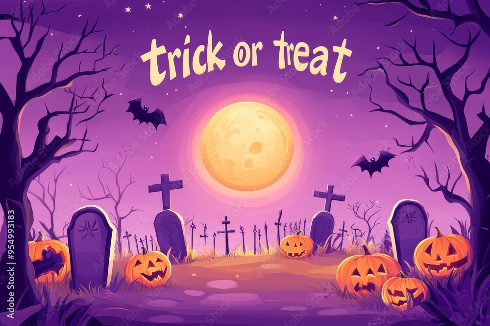 Fototapeta premium Purple themed Halloween wallpaper of a graveyard. Haunted cemetery and dark forest landscape with text 