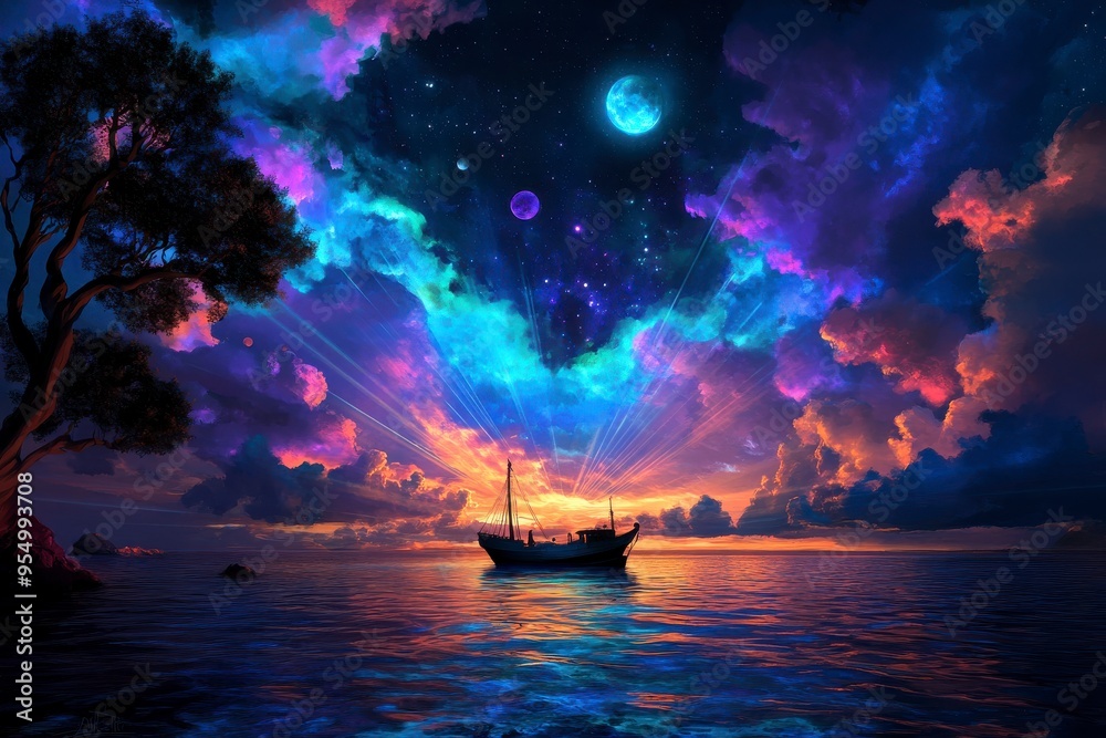 Dreamlike Night Sky, A boat under a fantastical, colorful sky with stars and planets, Surreal landscape Dreamlike Night Sky, A boat under a fantastical, colorful sky with stars and planets, Surreal landscape