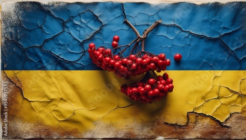 Vibrant rowan berries placed on a textured Ukrainian flag backdrop highlighting national pride and heritage in an artistic display