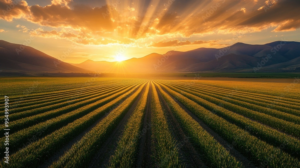 Green fields stretching towards mountains at sunset, with rows of crops bathed in the warm glow of a golden sky
