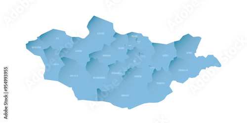 Mongolia political map of administrative divisions - provinces and khot Ulaanbaatar. Shaded vector map with 3D-like blue gradient and name labels