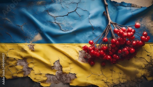Aged Ukraine Flag with Viburnum Accents- A vintage-style Ukraine flag with cracked textures Graphic art illustration