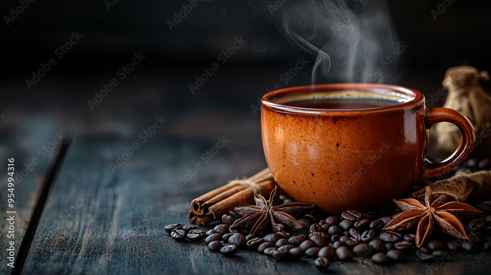 A steaming cup of coffee placed next to an arrangement of coffee beans and cloves on a dark wooden table. A steaming cup of coffee placed next to an arrangement of coffee beans and cloves on a dark wooden table.