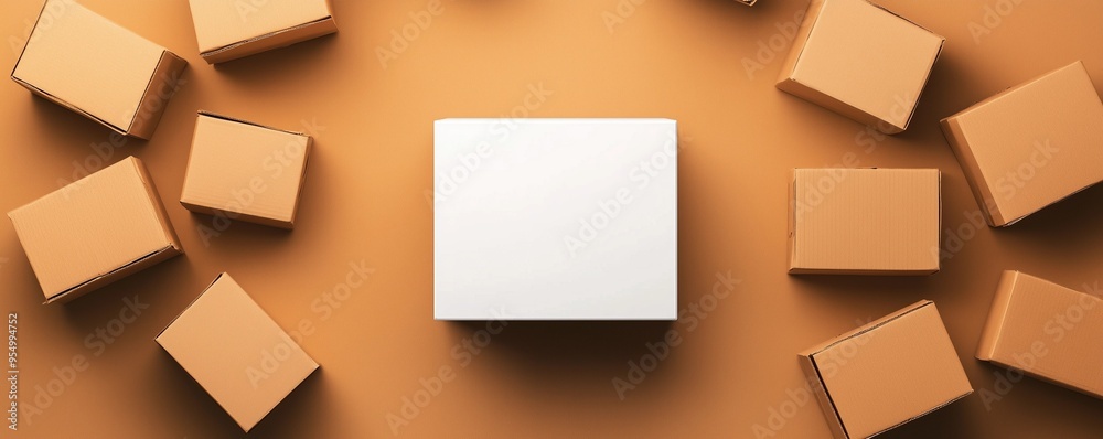 Minimalist Composition with a White Box in the Center Surrounded by Cardboard Boxes for a Balanced Look Minimalist Composition with a White Box in the Center Surrounded by Cardboard Boxes for a Balanced Look