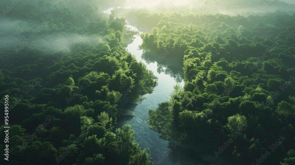 A peaceful river winding through a dense forest. A peaceful river winding through a dense forest.