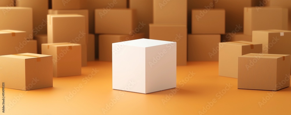 Pristine White Box Highlighted in the Center with Cardboard Boxes Forming a Border