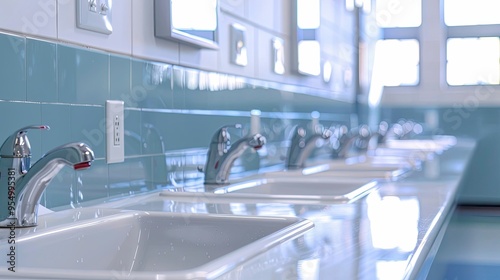A row of clean sinks and mirrors in a school bathroom.