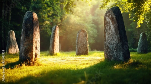 A group of stone pillars in a grassy field