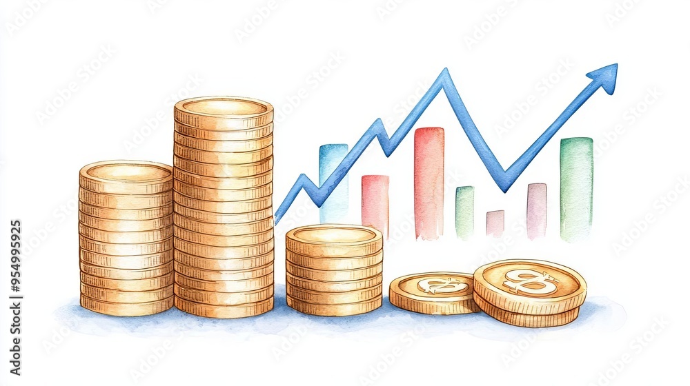 Payday prosperity, golden coins and rising charts, financial success, Watercolor style Payday prosperity, golden coins and rising charts, financial success, Watercolor style