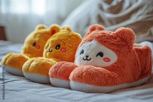 Pair of fuzzy animalthemed slippers for kids placed by a bedside photo