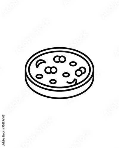 Editable stroke vector illustration of a petri dish with bacteria in black and white.