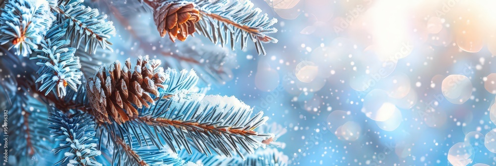 Bright winter pine branch with pine cones and snow Bright winter pine branch with pine cones and snow