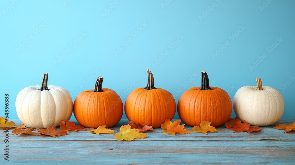 Rustic Pumpkin Display on Wooden Table with Autumn Leaves