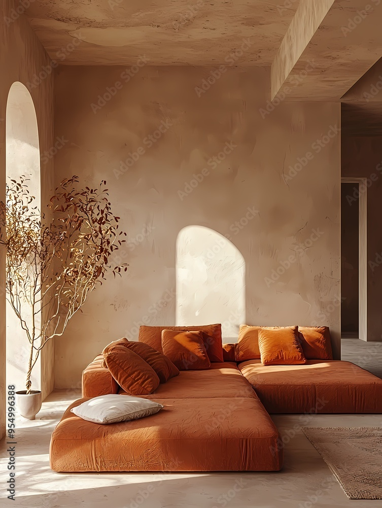 Fototapeta premium Modern Minimalist Living Room Interior Design with Orange Sofa Beige Walls and Sunlight
