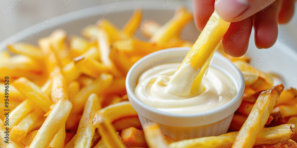 Crispy golden French fries being dipped into a creamy mayonnaise sauce, capturing the tasty and indulgent nature of this popular snack