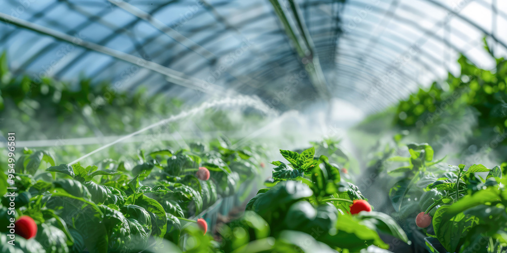 Greenhouse filled with vibrant plants, growing under controlled conditions with careful irrigation and cultivation