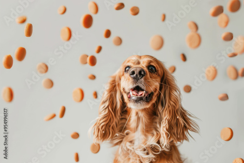 Obraz na płótnie A cocker spaniel catching a dry dog treat in a studio, showcasing the tasty and nutritious reward w salonie