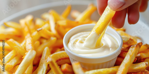 Obraz na płótnie Crispy golden French fries being dipped into a creamy mayonnaise sauce, capturing the tasty and indulgent nature of this popular snack w salonie