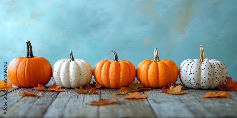 Rustic Pumpkin Display on Wooden Table with Autumn Leaves Rustic Pumpkin Display on Wooden Table with Autumn Leaves