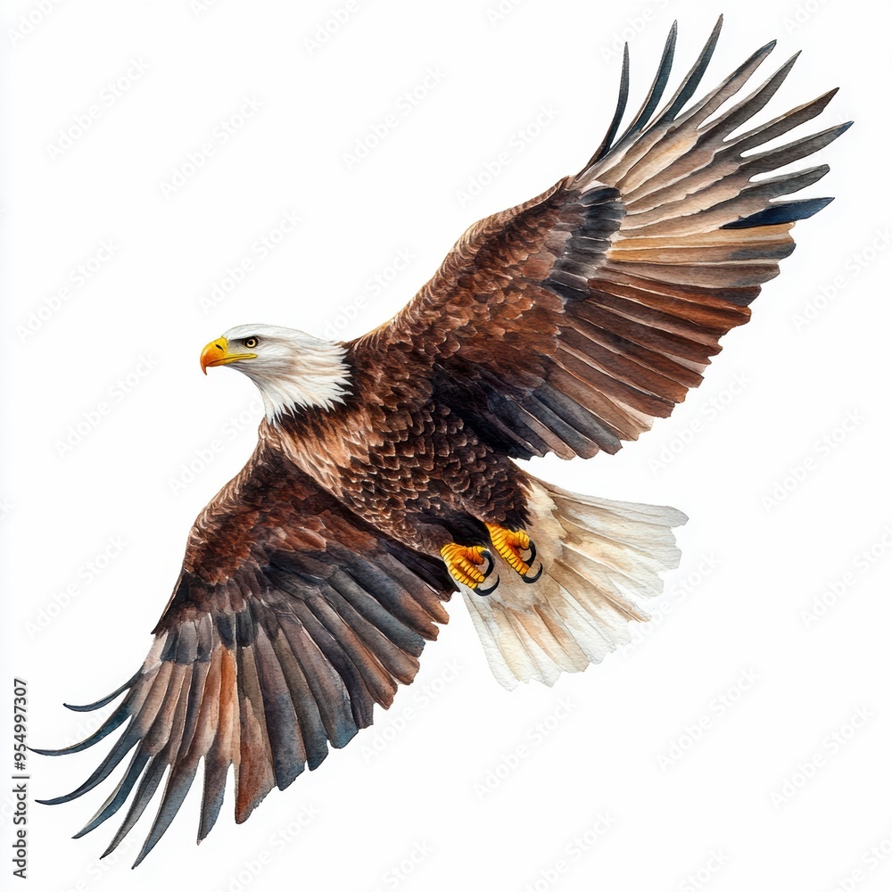 Obraz premium A majestic bald eagle soars through the sky with wings fully spread, embodying the spirit of freedom and strength in this stunning photo.