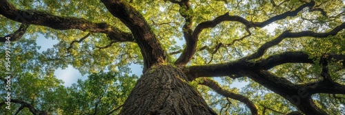 Beneath a magnificent oak tree, sprawling branches laden with moss extend towards the sky, surrounded by lush greenery in a peaceful woodland atmosphere photo