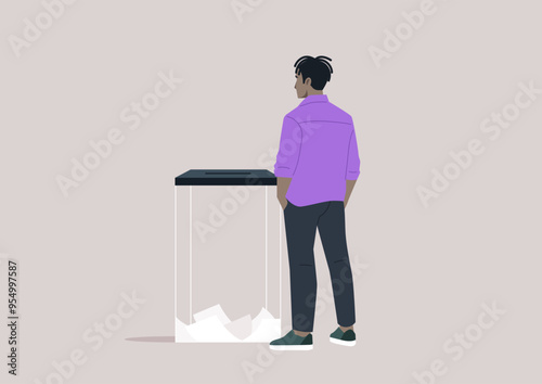 A thoughtful voter engages with a transparent ballot box during an election, pondering civic responsibilities