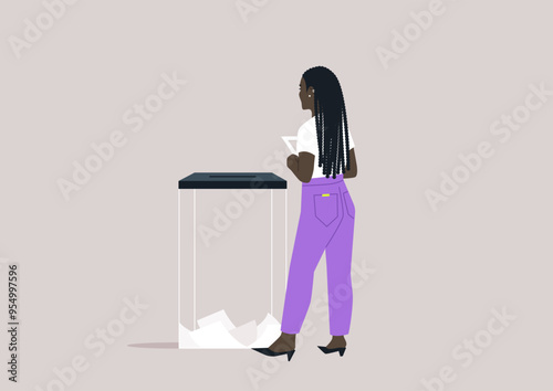 A thoughtful voter engages with a transparent ballot box during an election, pondering civic responsibilities
