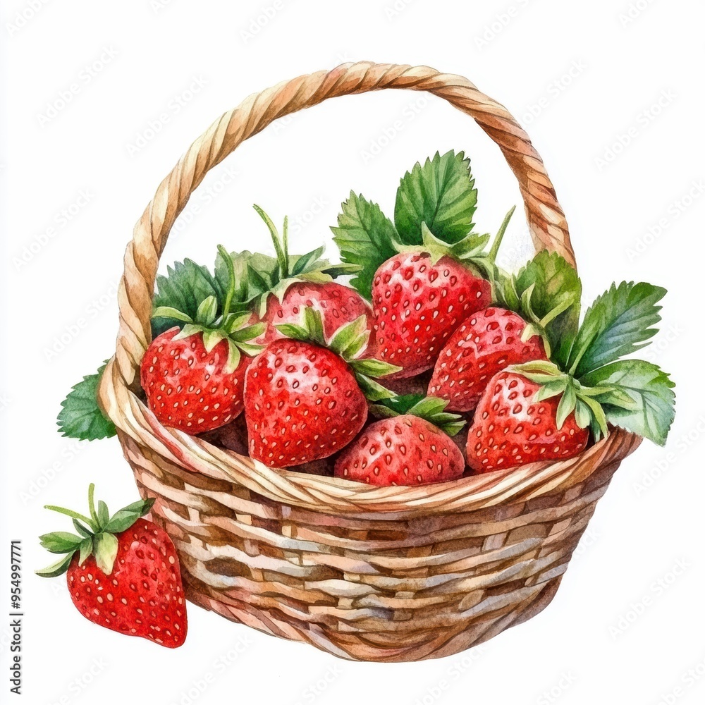 A wicker basket filled with fresh, ripe strawberries. Perfect for summer use, farmer's markets, or healthy food articles and designs.