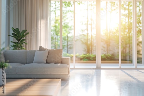 Blur living room at home with morning sunlight at big window for background usage. blur interior background concept. white, britht tone , ai